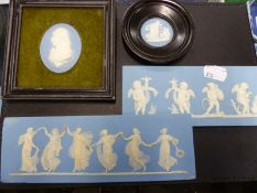 Two antique blue Wedgwood Jasper ware plaques of classical figures, an oval profile bust of Nelson