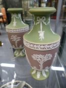 A pair of antique Wedgwood tri-colour Jasper ware vases of classical form. 15.5cm high.