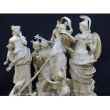 An antique Italian large cream ware figural group of classical maidens, gods, various animals and