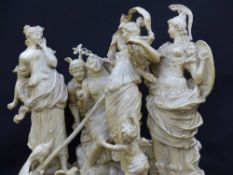 An antique Italian large cream ware figural group of classical maidens, gods, various animals and