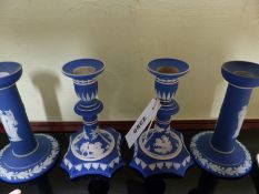 Two pairs of Wedgwood blue Jasper ware candlesticks. 15.5cm high