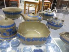 Four Wedgwood pheasant egg Jasper ware pieces to include teapots, bowls, sugar bowls, etc.