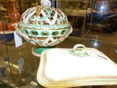 An antique Wedgwood cream ware covered entree dish with green and gilt banding together with a