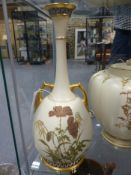 Royal Worcester Eastern inspired bottle form twin handle vase with raised floral and gilt