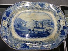 An antique Staffordshire blue transfer printed Bristol Hot Wells pattern meat plate. 47cm wide