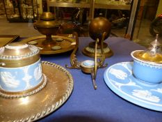 Five blue Jasper ware mounted brass desk pieces to include three inkwells, a compass and a string