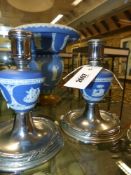 A pair of blue Jasper ware silvered metal mounted lamp bases, another lamp and a comport.