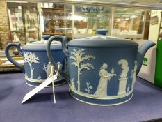 Two Wedgwood blue Jasper ware drum form teapots