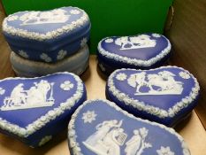 Six Wedgwood blue Jasper ware heart shape covered small boxes