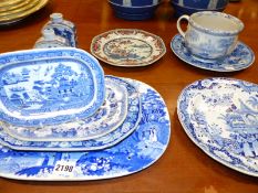 A group of antique English Staffordshire blue printed pottery to include a pierced mazarine with a