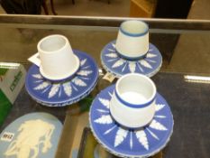 Three blue Jasper ware match holders with dish form bases.