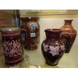 Four pieces of 19th/20th Century brown glazed pottery, a cylinder form lamp base, a studio vase