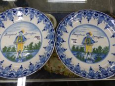 Two antique Delft ware dishes with unusual figural decoration. 23.5cm diameter
