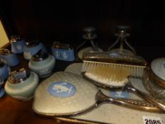 Eight various Jasper ware lighters, some by Wedgwood and a similar dresser set