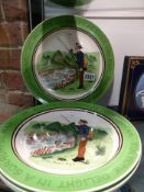 Four Wedgwood pottery plates each decorated with a comic fishing scene. Polychrome highlights and