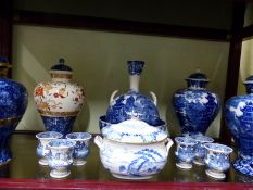 A pair of Wedgwood blue and white Chinese pattern covered vases, a matching twin handle vase