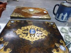 Two Victorian blue Jasper ware and brass mounted walnut folding desk blotters