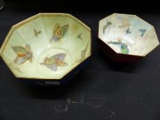 Daisy Makeig-Jones: A Wedgwood octagonal butterfly lustre bowl. Pattern number Z5062. 22.5cm wide