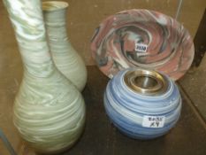 Four unusual Wedgwood marbled pottery pieces, an oval bowl, a globular vase with insert and two