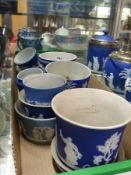 A collection of assorted Wedgwood blue jasper ware, to include small bowls, cache pots, etc.