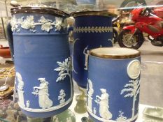 Two similar Wedgwood blue jasper ware silver rimmed large mugs together with two Wedgwood jugs