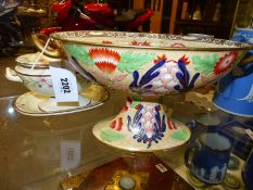 An antique Wedgwood twin handle oval footed fruit bowl with Imari and gilt decoration. 31cm wide