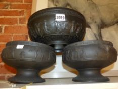 Three Wedgwood black basalt bowls with classical figure decoration. Diameter of largest 26cm