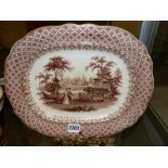 An antique Staffordshire brown transfer printed Zoological pattern meat plate The Rhinoceros. 34cm