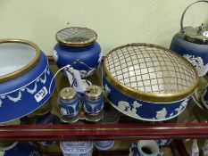 A group of Adams blue Jasper ware to include three bowls with metal rims, a jam pot, a three piece
