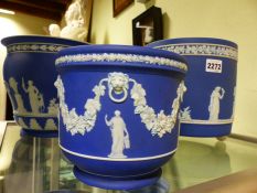 Three Wedgwood blue Jasper ware jardinieres. Height of largest 20.5cm