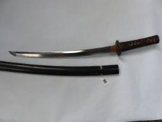 A JAPANESE WAKIZASHI, 41cm BLADE WITH CLEAR HAMON AND ONE MEKUGI-ANA, FULLY BOUND TSUKA WITH