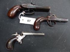 A PERCUSSION POCKET PISTOL BY MOLE OF BRISTOL TOGETHER WITH A CONTINENTAL DOUBLE BARRELED PERCUSSION