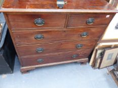 A GEO.III.MAHOGANY CROSSBANDED CHEST OF TWO SHORT AND THREE LONG DRAWERS ON OGEE BRACKET FEET