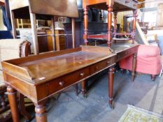 AN EARLY VICTORIAN MAHOGANY GALLERY BACK WASHSTAND WITH TWO DRAWERS, A SIMILAR LATER WASHSTAND AND