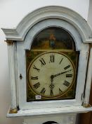 A LATE GEORGIAN LONGCASE CLOCK, THE OAK CASE LATER PAINTED, 12 INCH ARCH TOP PAINTED DIAL AND 30