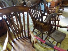 THREE VICTORIAN SLAT BACK KITCHEN ARMCHAIRS, A SIMILAR SIDE CHAIR AND FOUR Wm.IV DINING CHAIRS FOR