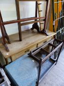 AN EDWARDIAN SATINWOOD WASHSTAND, THREE TOWEL RAILS, AN OAK STICKSTAND,ETC