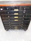 A LATE VICTORIAN MAHOGANY AND EBONISED EIGHT DRAWER COLLECTOR'S CHEST.