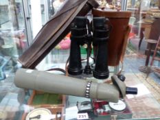 A PAIR OF BARR & STROUD MILITARY MARKED BINOCULARS AND A LATER CHARLES FRANK SPOTTING SCOPE