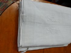 TWO FINE FRENCH LINEN TABLECLOTHS, ONE BEARING MONOGRAM JB.