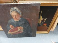 A 19TH.C.OIL ON CANVAS PORTRAIT OF A LADY, 61x51cms AND A STILL LIFE OIL SIGNED M.MORGAN. 50x40cms