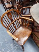 A HARLEQUIN SET OF FIVE 19TH.C.BEECH AND ELM WINDSOR ARMCHAIRS.