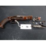 A CONTINENTAL FLITLOCK TRAVELLING PISTOL FOR RESTORATION. 4.25 INCH GOLD INLAID BARREL, FULL