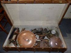 A LARGE WOOD SLAT TRUNK CONTAINING A QTY OF ANTIQUE COPPERWARE,ETC