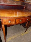 A REGENCY MAHOGANY AND ROSEWOOD BANDED BOW FRONT SIDE TABLE AND A SMALL INLAID BOOKCASE