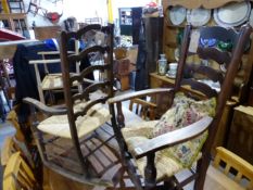 A GEORGIAN RUSH SEAT LADDER BACK CHAIR AND TWO OTHERS
