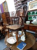 A 19TH.C.FRUITWOOD AND ELM WINDSOR ARMCHAIR AND TWO SIMILAR SIDE CHAIRS.