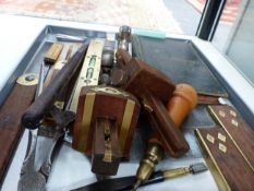 AN INTERESTING COLLECTION OF BRASS MOUNTED WOOD WORKER'S TOOLS FROM THE TAME WORKSHOP TOGETHER