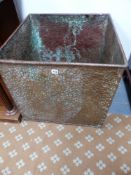 A LARGE EARLY 20TH.C.RIVETED COPPER SQUARE FORM LOG BIN.