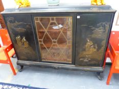 AN EARLY 20TH.C.EBONISED AND CHINOISERIE LACQUER SIDE CABINET BY JANSEN
